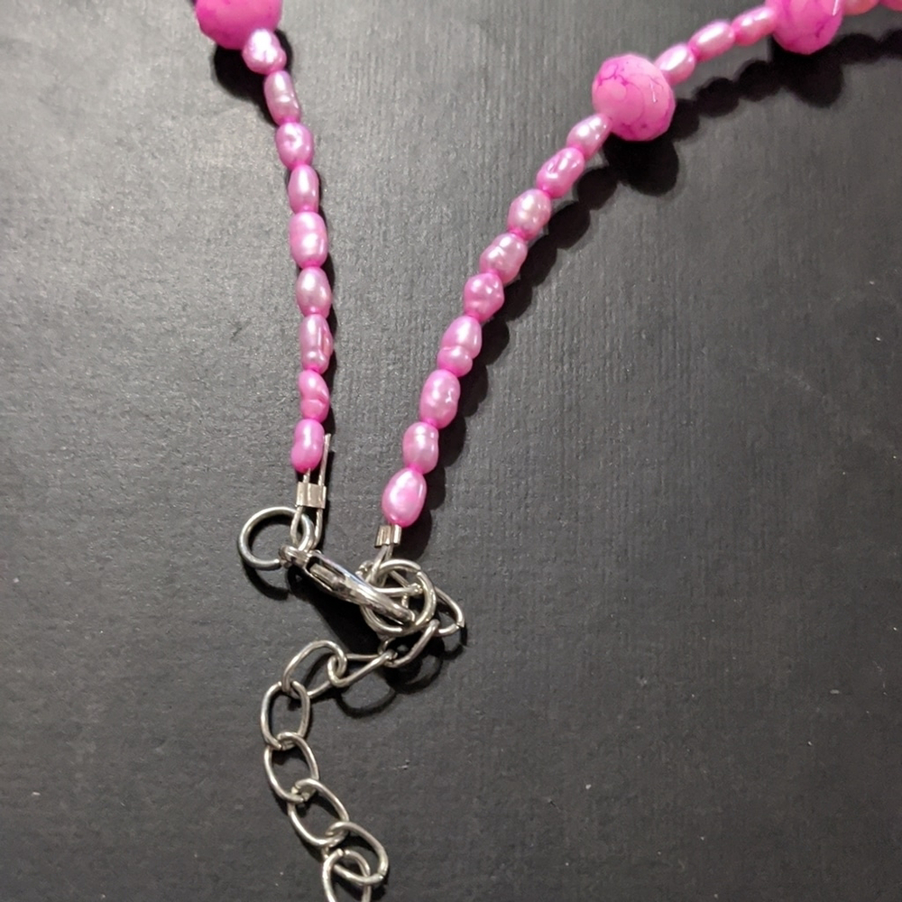 Pink Rice Pearl and Swirl Pink Faceted Crystal Statement Necklace - Picture 4 of 4